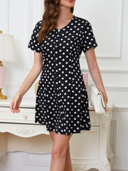 Polka Dot Button Front Dress V Neck Short Sleeve Casual Dress