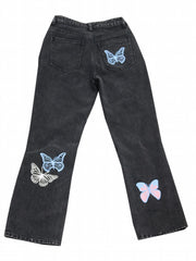Butterfly Print Ripped Hole Straight Jeans Non Stretch