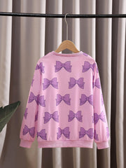Girls Bow Print Crew Neck Sweatshirt Long Sleeve Pullover Top