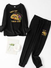 Plus Size Cat Print Fleece Tee & Joggers Pajamas Set