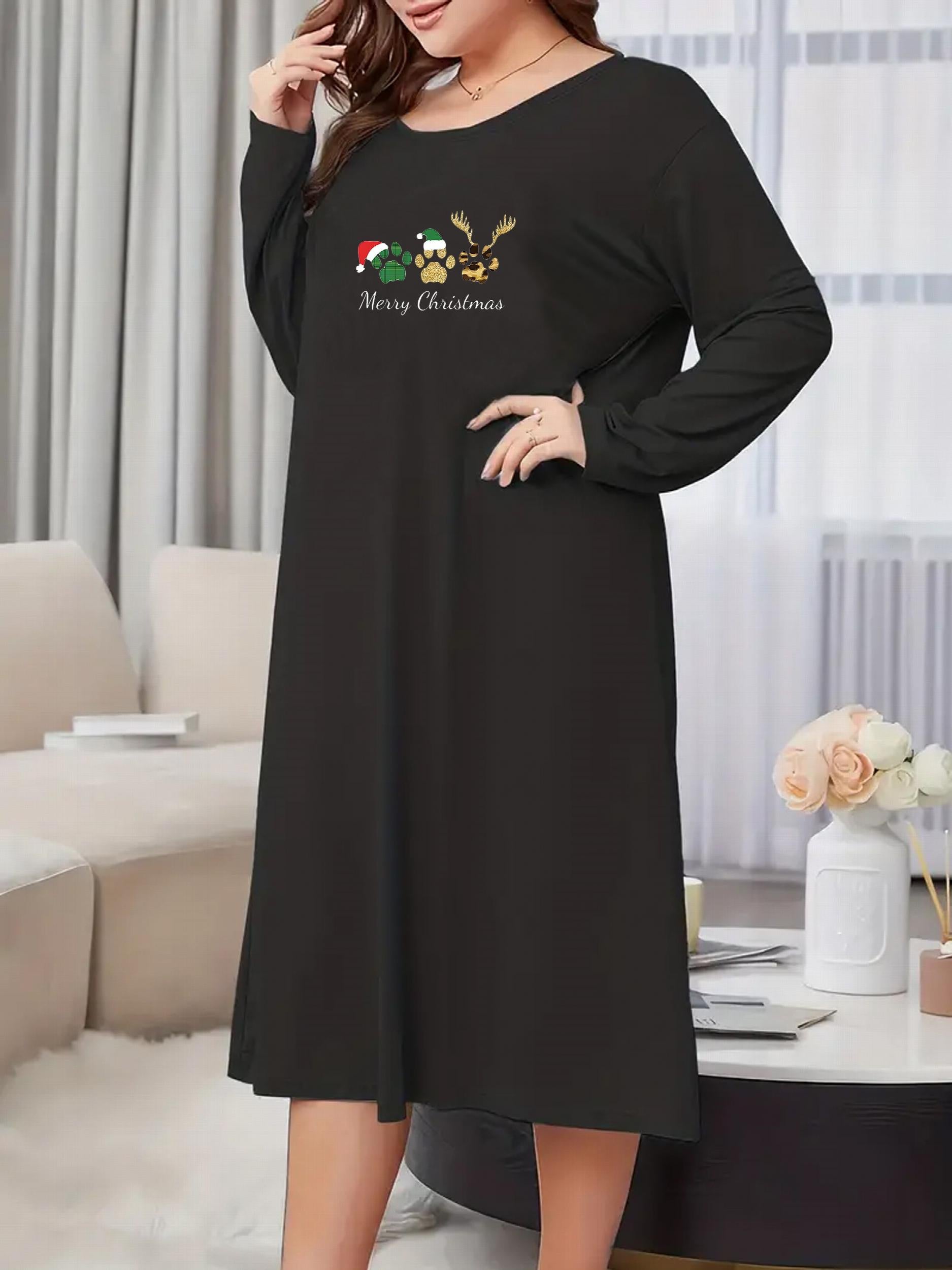 Christmas Casual Nightdress Women's Plus Hat Footprint Sleep Dress