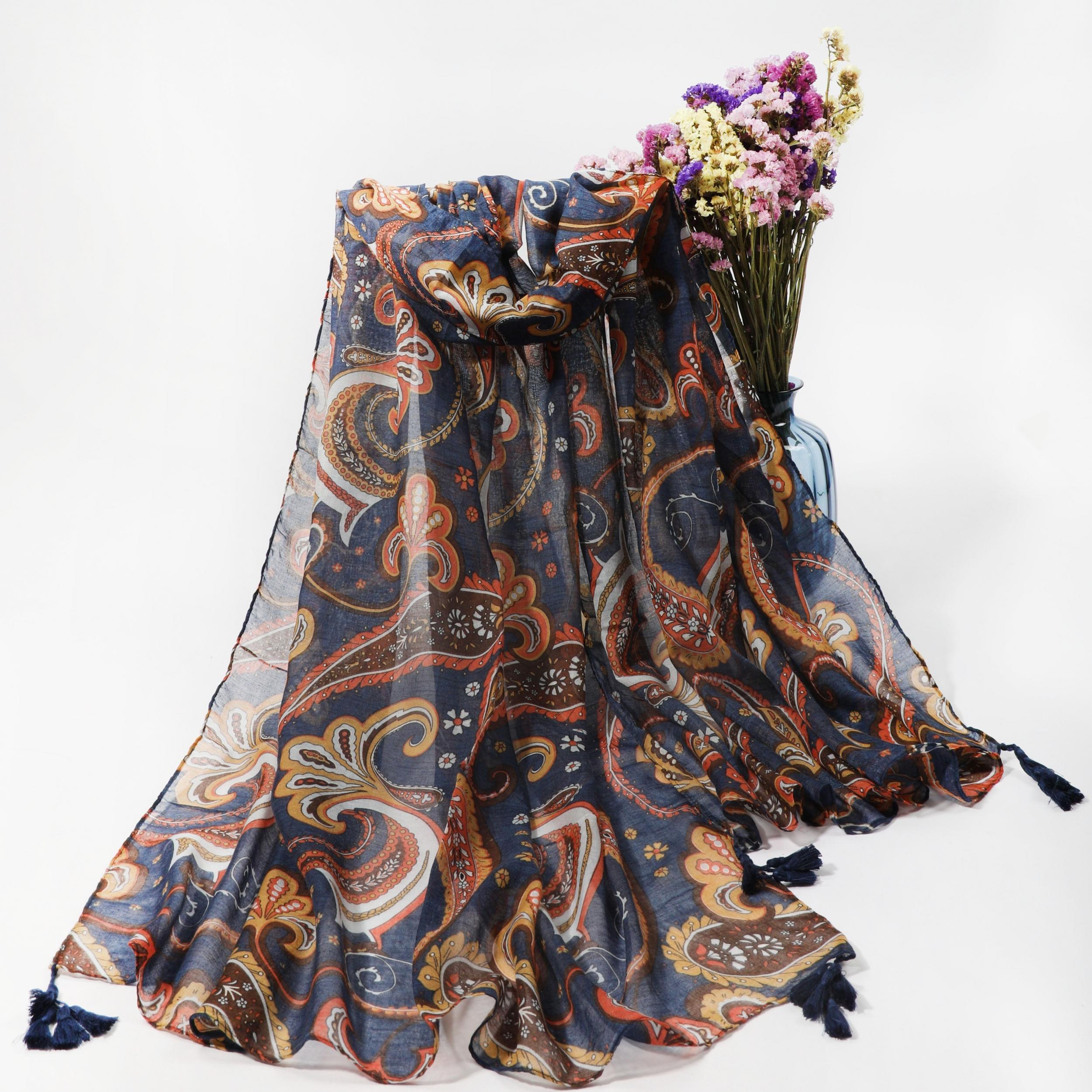 Paisley Print Boho Scarf Vintage Tassel Shawl