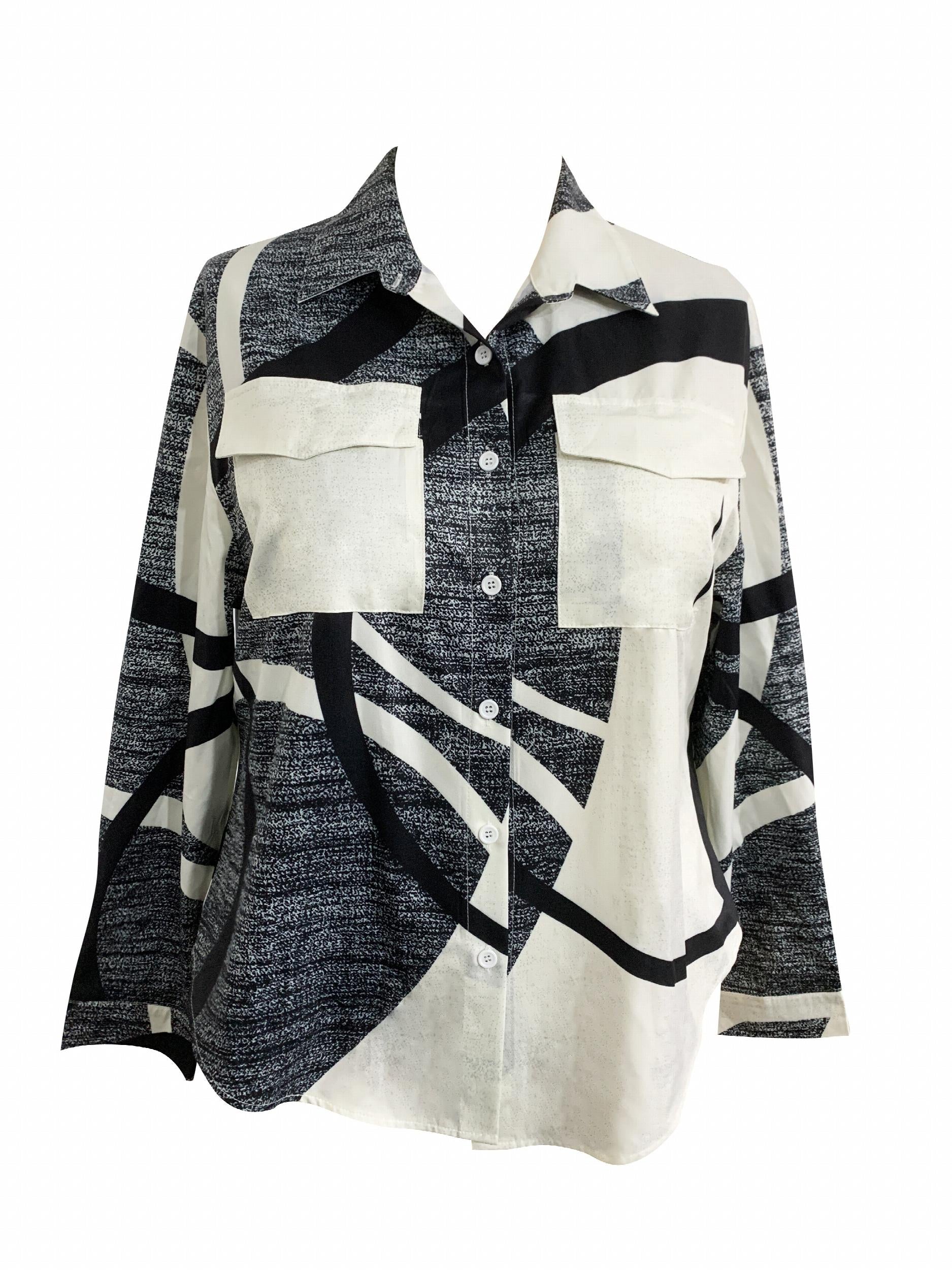 Colorblock Geometric Print Button Up Blouse