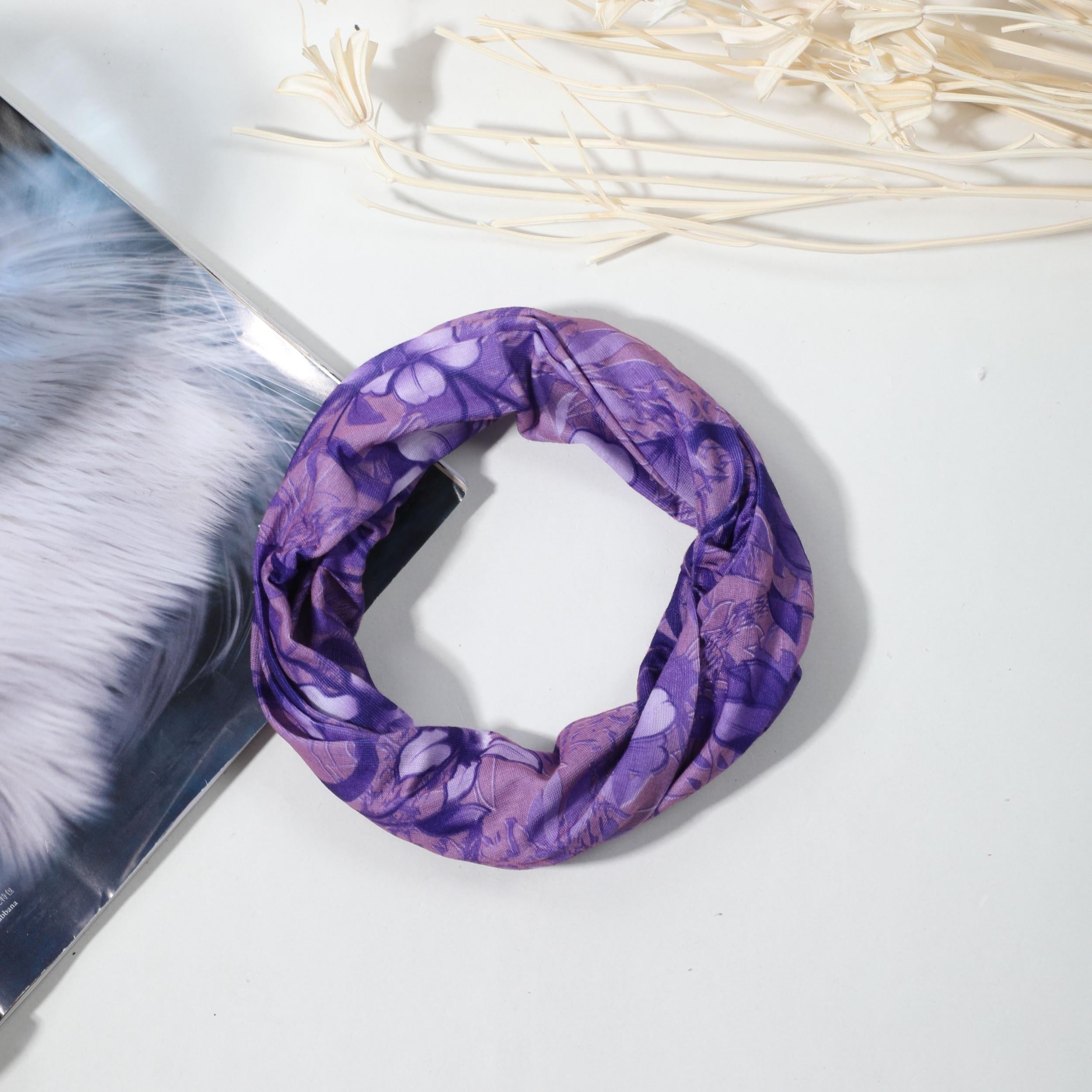 Purple Flower Print Turban Boho Head Wrap Vintage Headband Neck Gaiter
