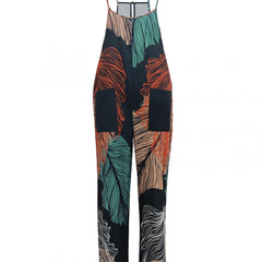 Leaf Print Wide Leg Jumpsuit with Pockets