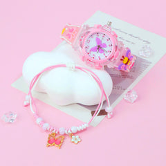LED Night Light Quartz Watch & Butterfly Bracelet Set - Pink & Purple