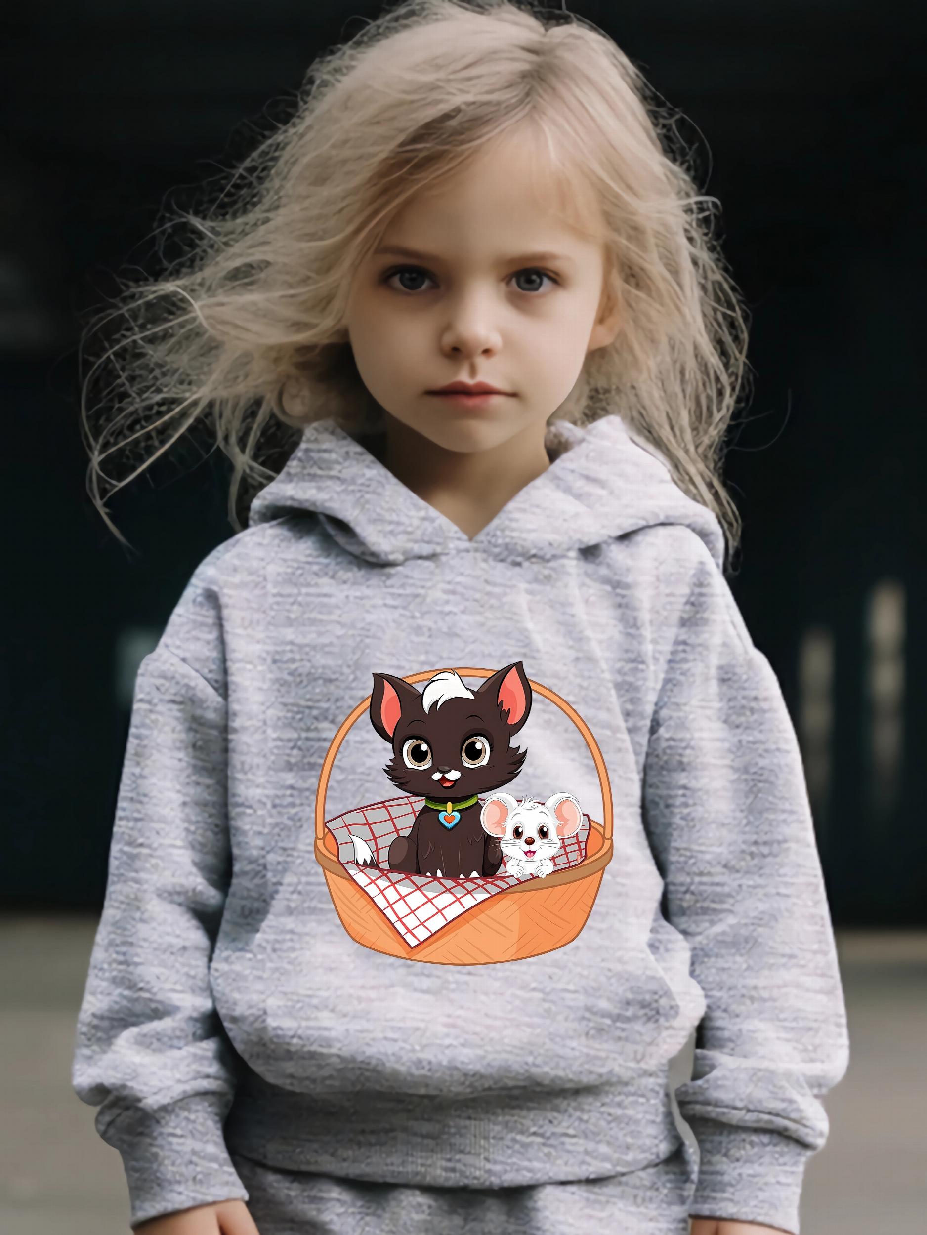 Kid's Cat & Mouse Print Hoodie & Pants Set Girl's Sporty Clothes