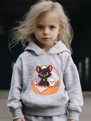 Kid's Cat & Mouse Print Hoodie & Pants Set Girl's Sporty Clothes