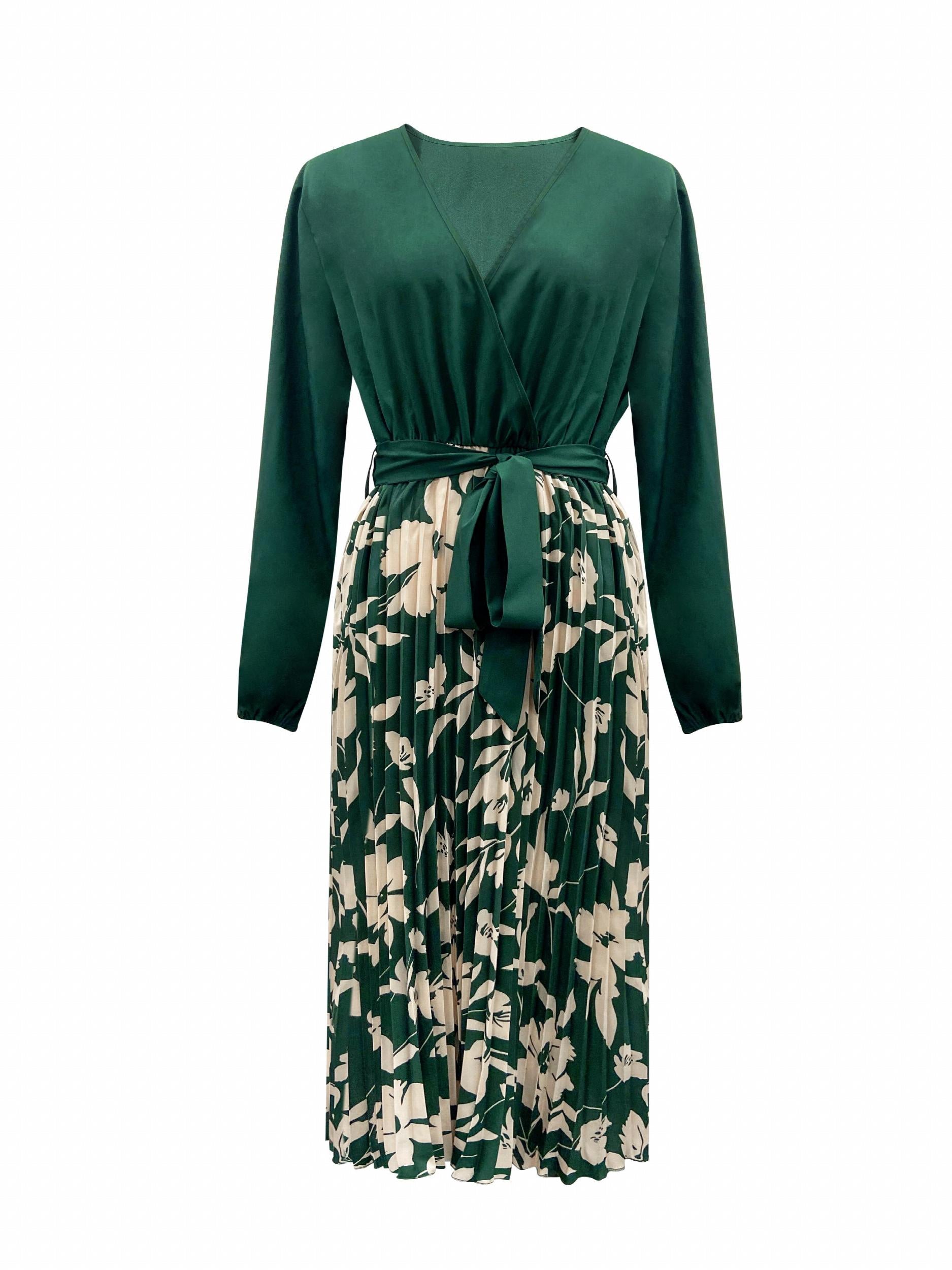 Colorblock Floral Print Lantern Sleeve Pleated Dress