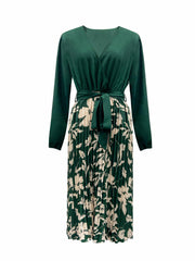 Colorblock Floral Print Lantern Sleeve Pleated Dress