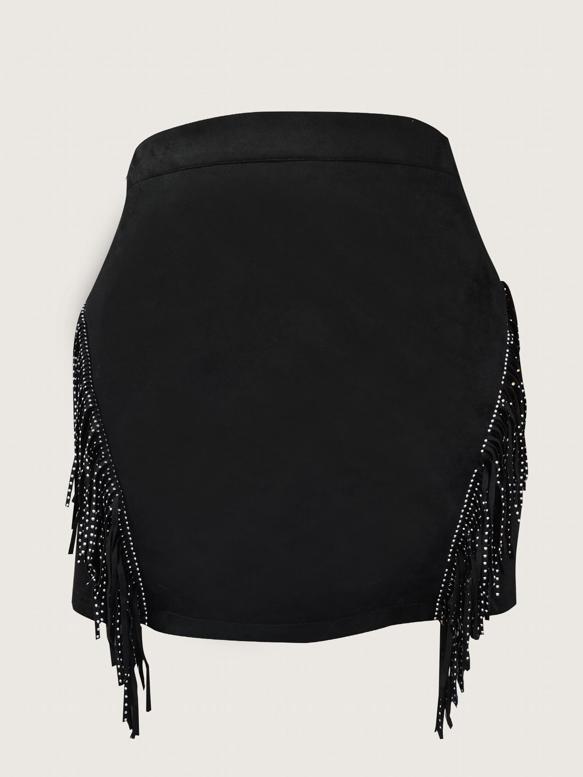 Party Skirt Women's Plus Solid Rhinestone Decor Fringe Trim Zipper