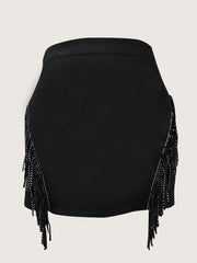 Party Skirt Women's Plus Solid Rhinestone Decor Fringe Trim Zipper