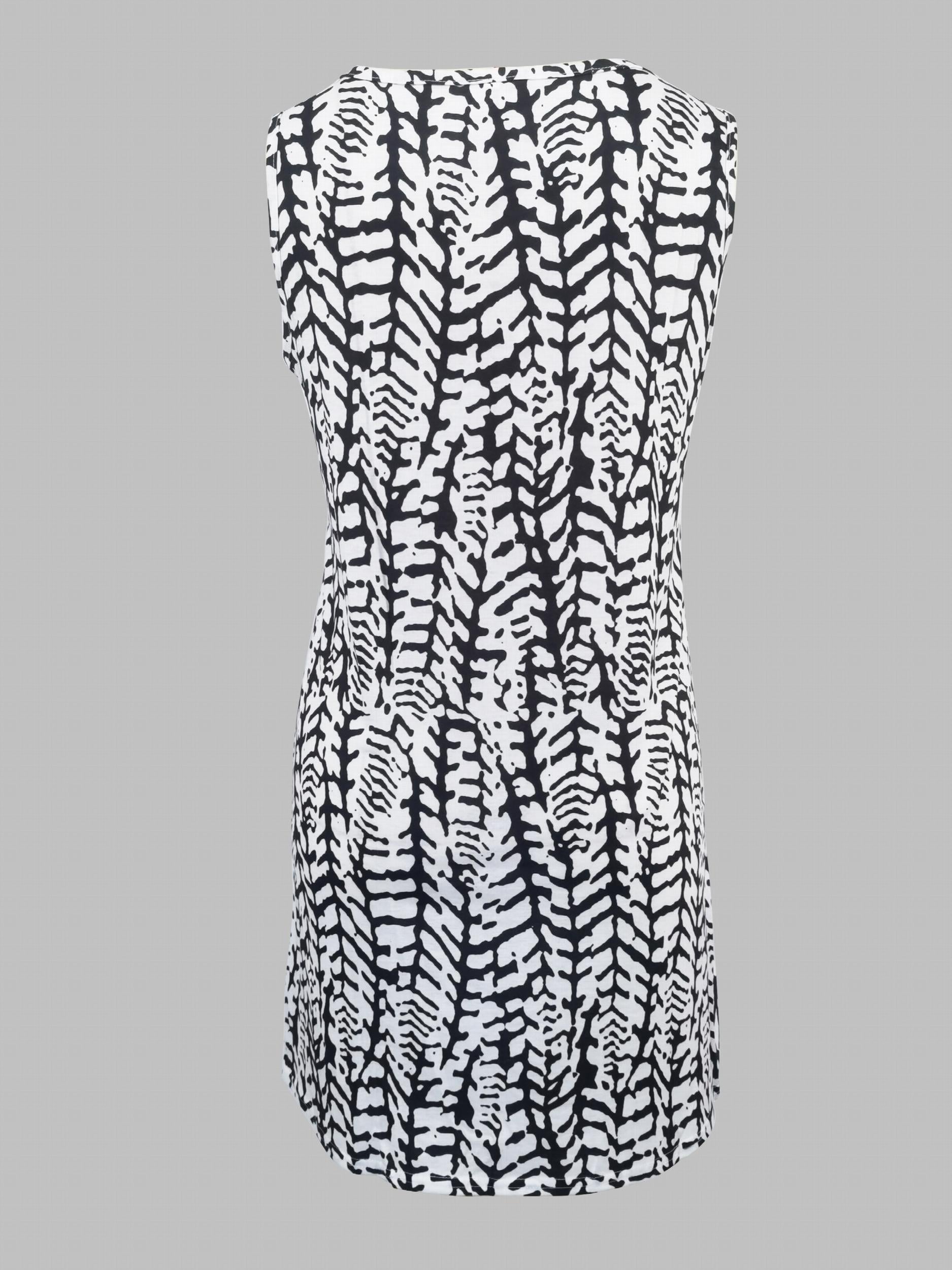 Block Print Keyhole Dress Boho Crew Neck Sleeveless Summer Dress