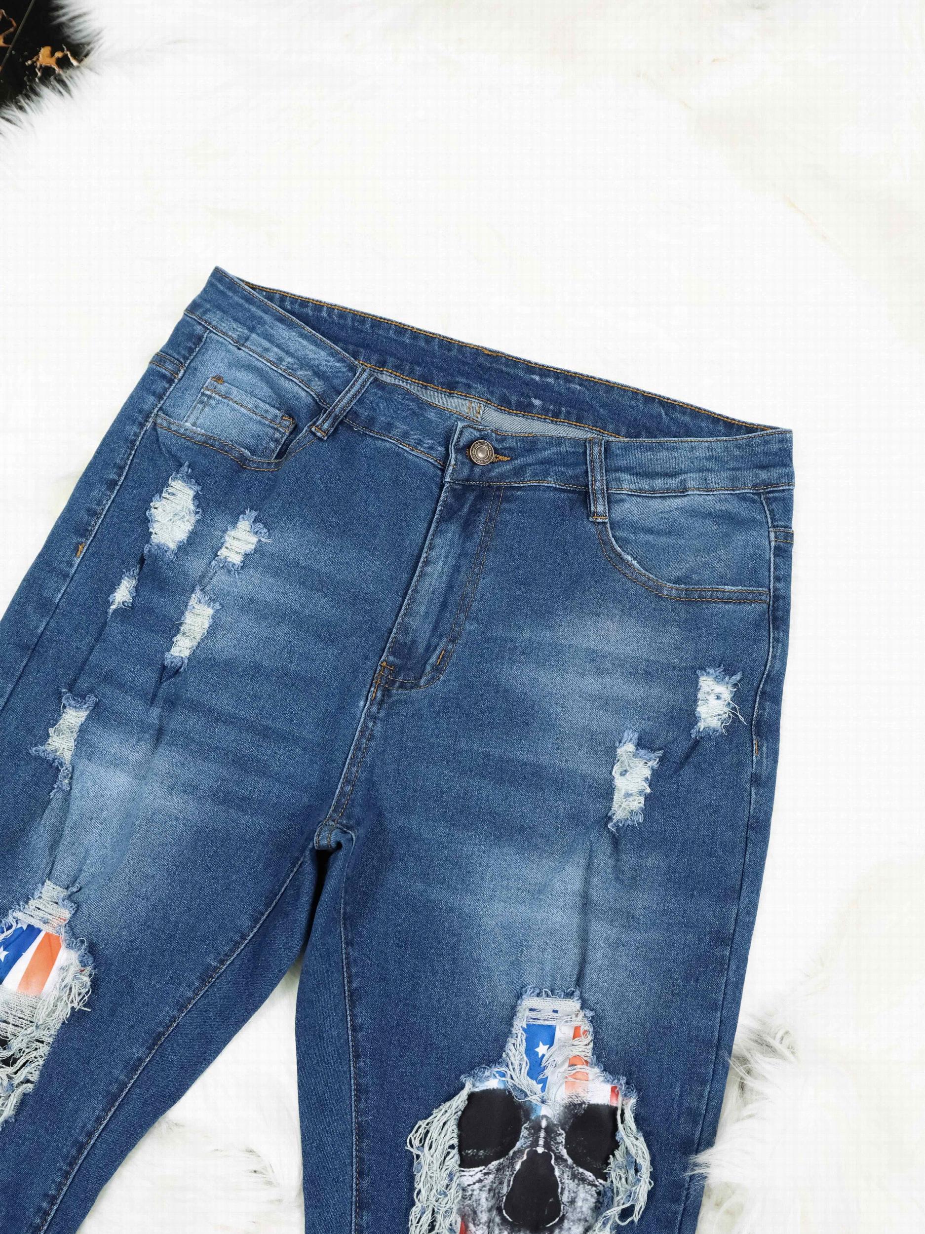 Skull Print Washed Button Fly Medium Stretch Jeans