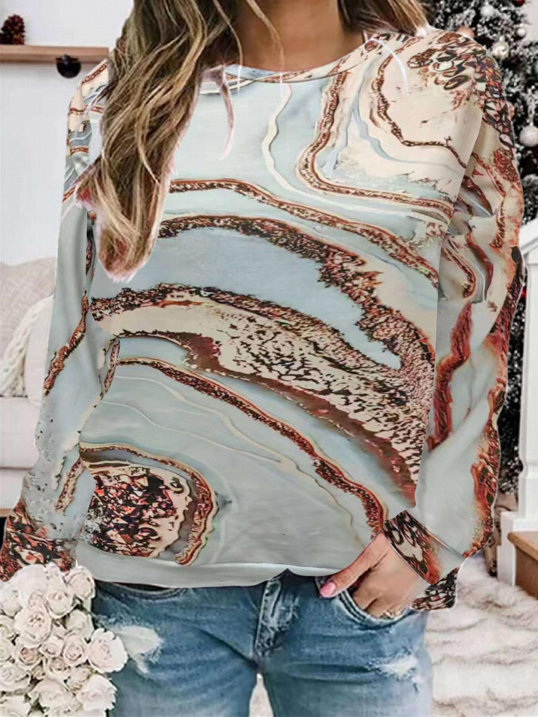 Marble Print Pullover Sweatshirt Crew Neck for Women