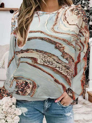 Marble Print Pullover Sweatshirt Crew Neck for Women