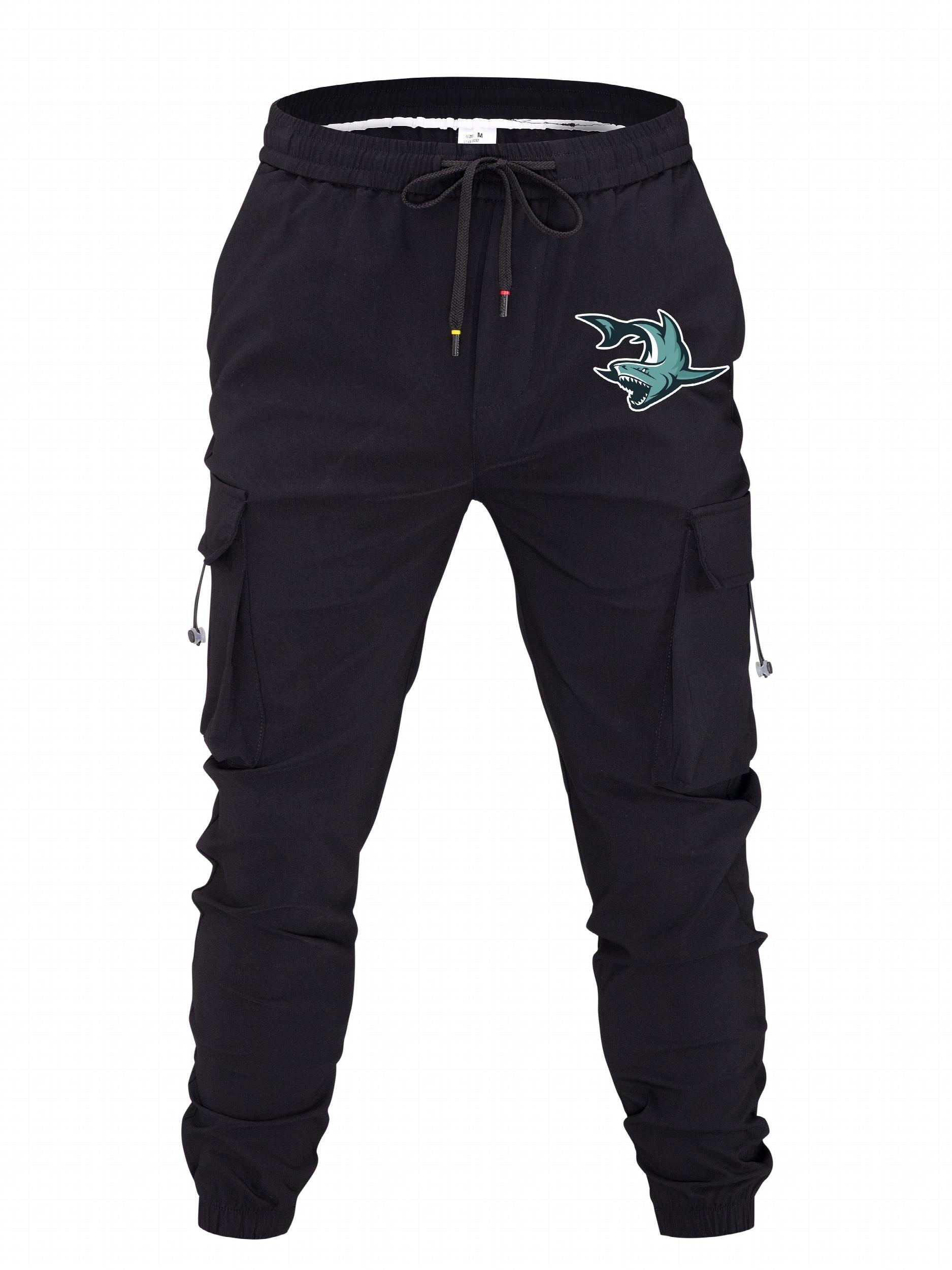 Cartoon Shark Print Cargo Pants Men's Outdoor Joggers