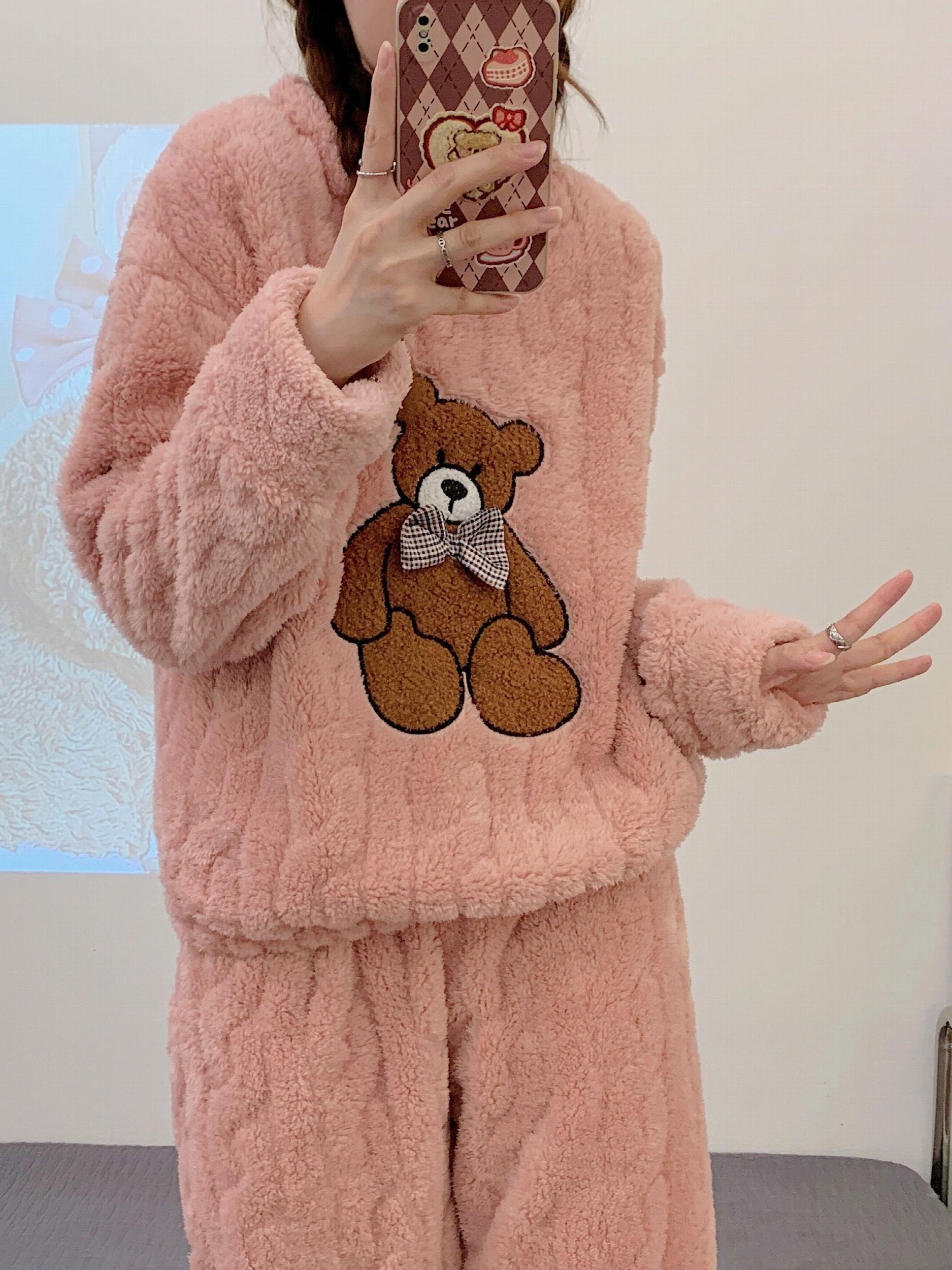 Cartoon Bear Pajama Set Long Sleeve Crew Neck Top & Pants