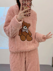 Cartoon Bear Pajama Set Long Sleeve Crew Neck Top & Pants