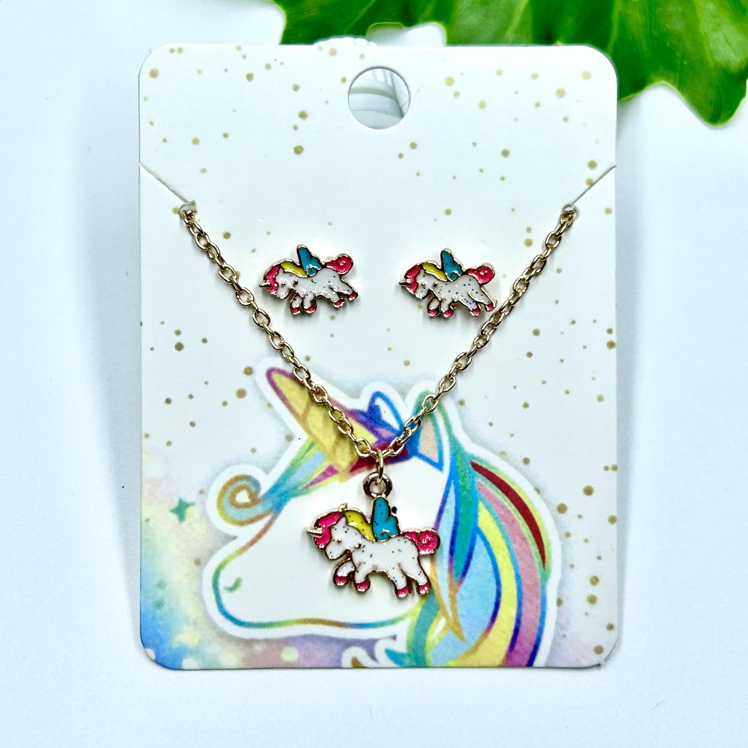 Cartoon Dripping Unicorn Necklace & Earrings Set For Girls