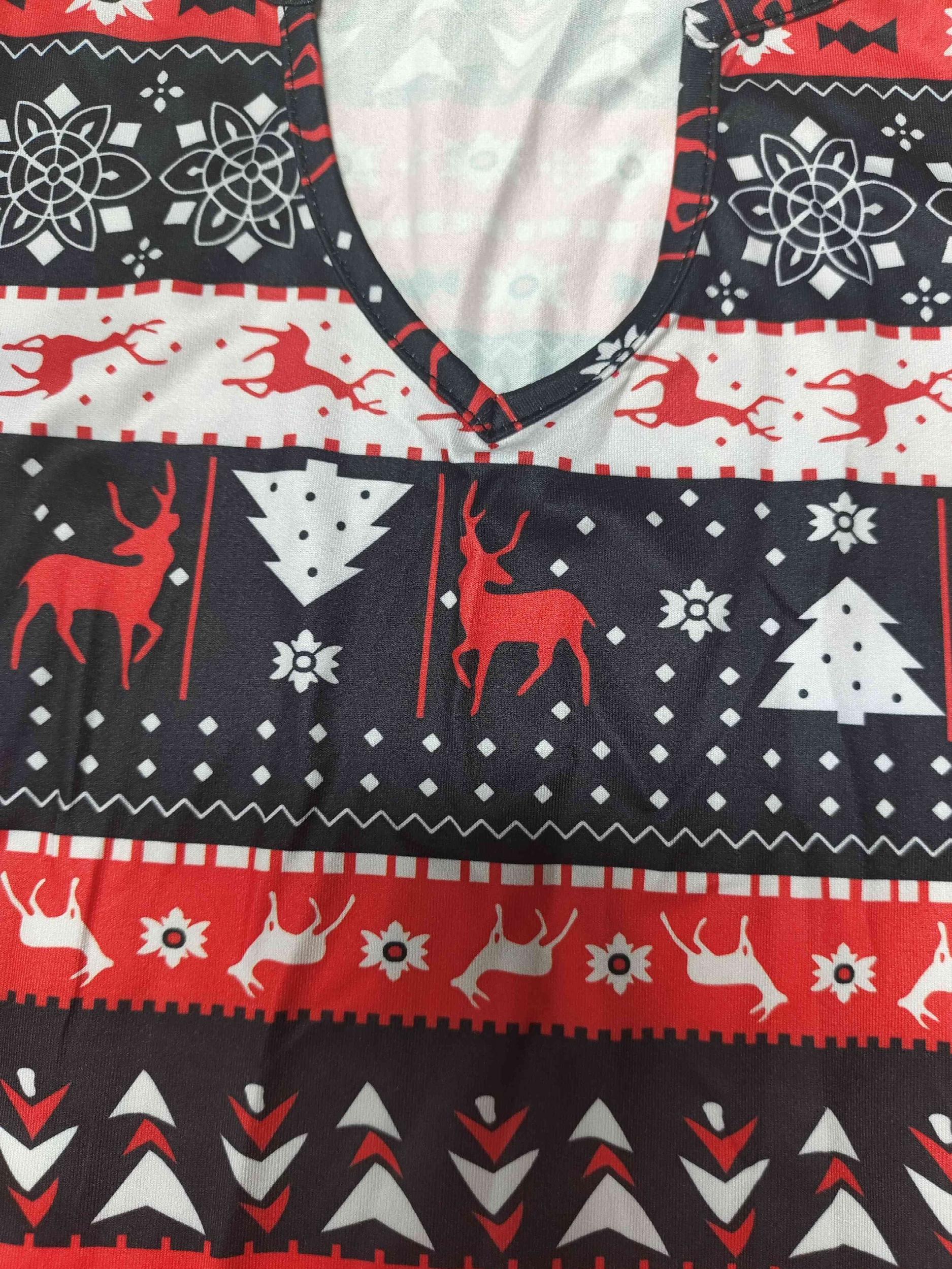 Christmas Print Pajama Romper Long Sleeve V Neck Pajamas