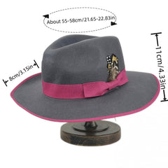 Men's Wide Brim Fedora Tweed Jazz Hat With Feather