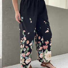 Floral Print Shirred Waist High Rise Wide Leg Trousers
