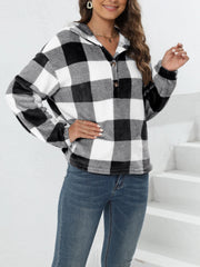 Plaid Button Front Hoodie Long Sleeve Sweatshirt