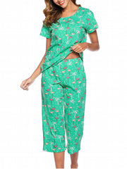 Star Print Pajama Set Short Sleeve Round Neck Top & Elastic Waistband