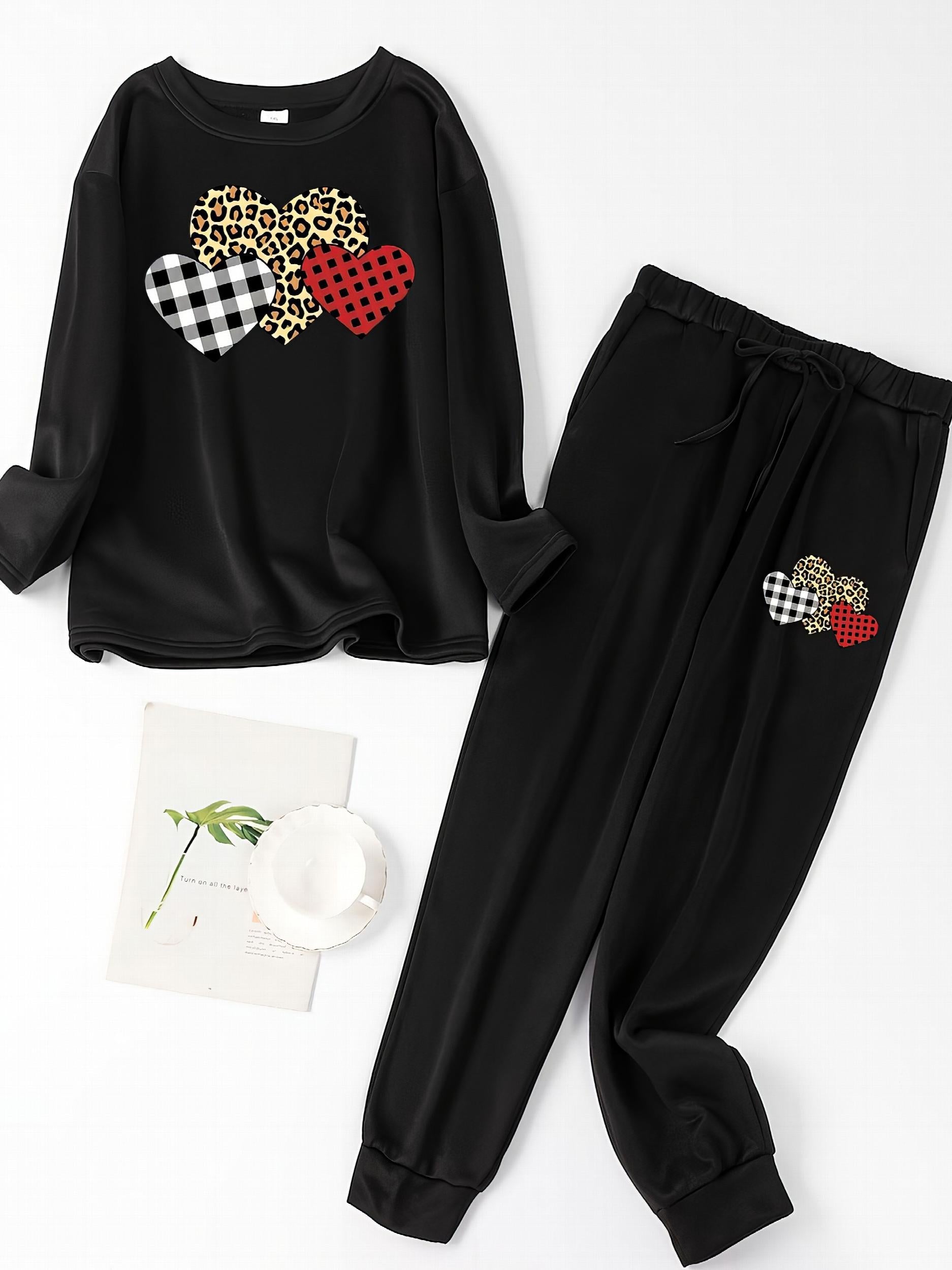 Leopard & Plaid Heart Print Fleece Tee & Joggers Pajamas Set