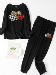 Leopard & Plaid Heart Print Fleece Tee & Joggers Pajamas Set