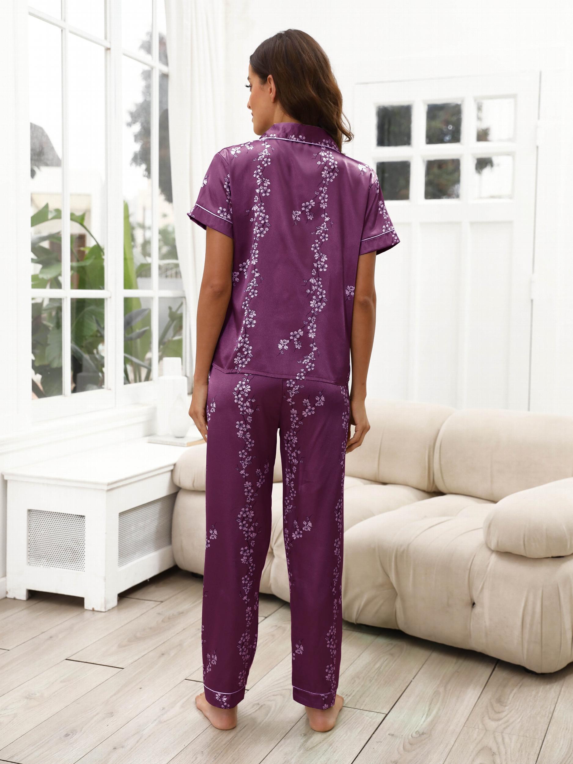 Floral Print Pajama Set Short Sleeve Lapel Top & Elastic Waistband Pants