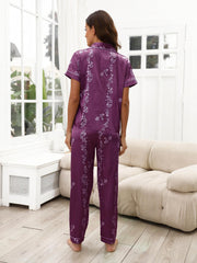 Floral Print Pajama Set Short Sleeve Lapel Top & Elastic Waistband Pants