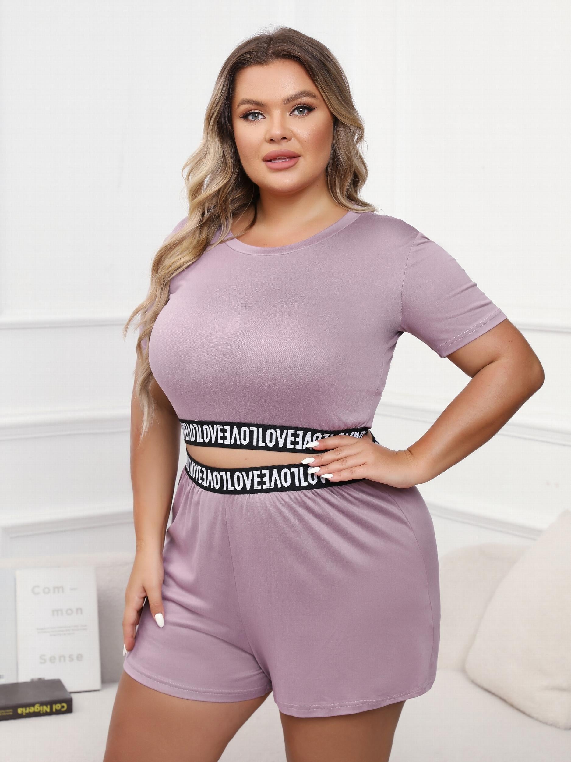 Casual Loungewear Set Solid Letter Tape Crop Top & Shorts