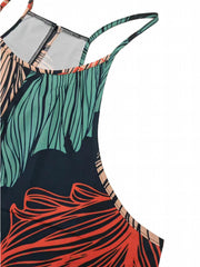 Leaf Print Wide Leg Jumpsuit with Pockets