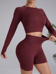 Yoga Sports Sets Long Sleeve Top & High Waist Shorts Women's Activewear