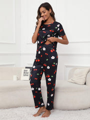 Floral & Cherry Print Pajama Set Short Sleeve Top & Pants Women's Sleepwear