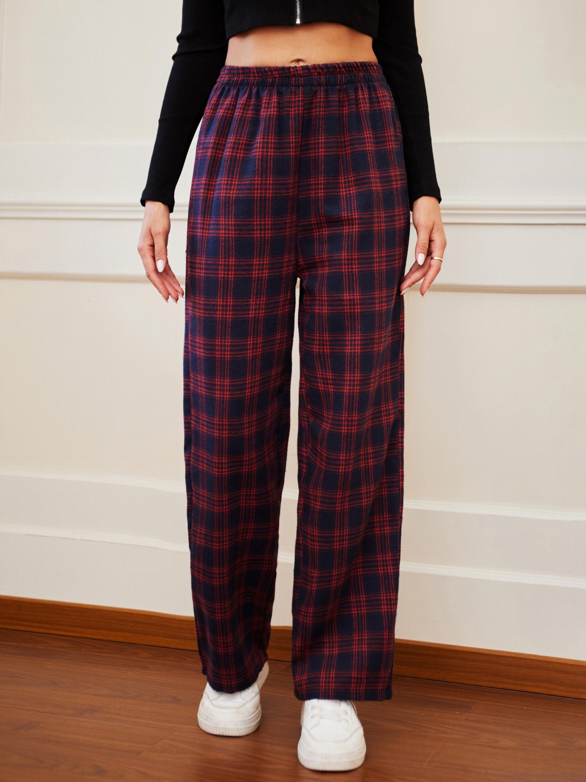 Plaid Elastic Waist Straight Leg Pants for Women