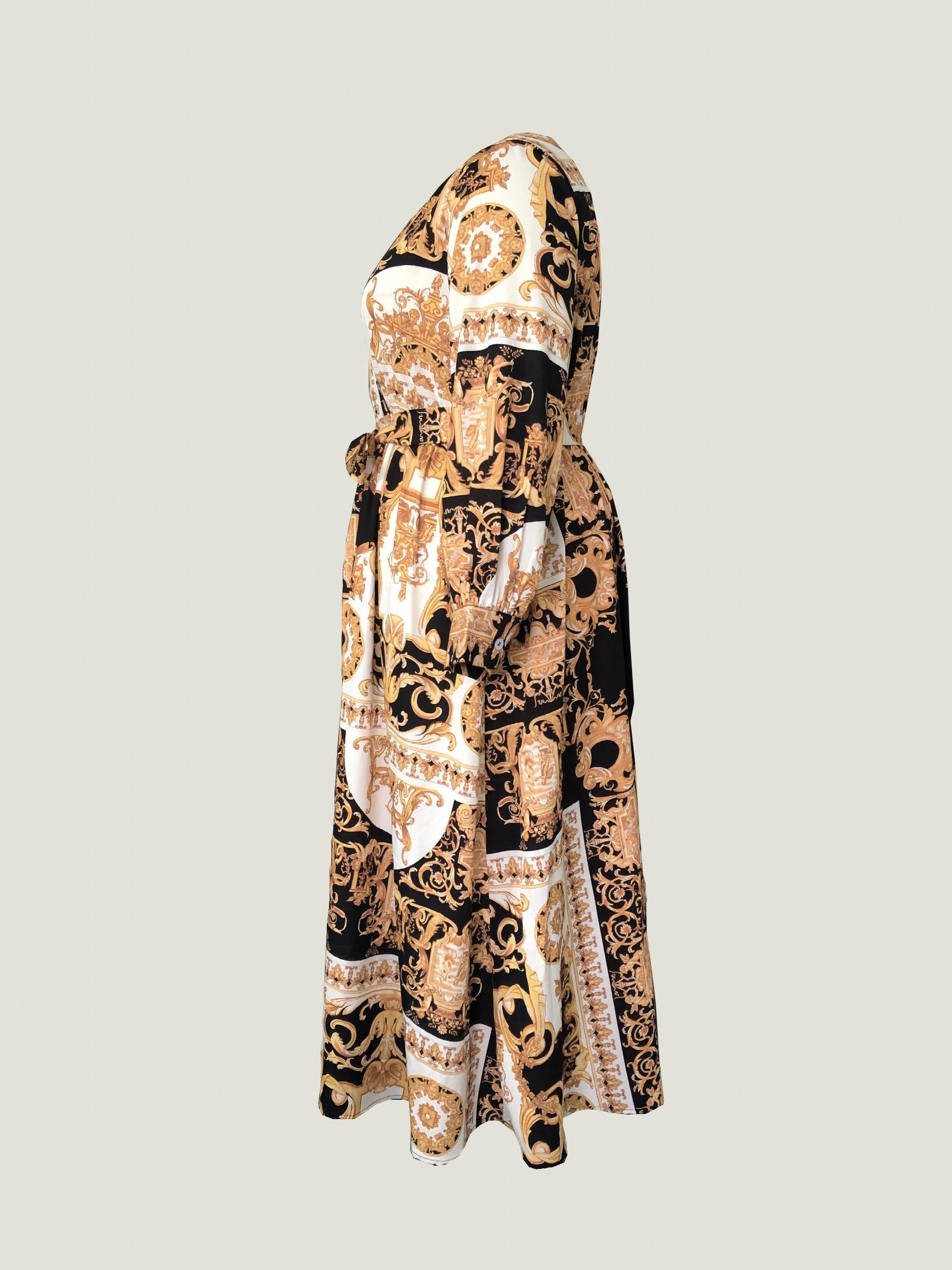 Women's Plus Baroque Print Long Sleeve Maxi Dress