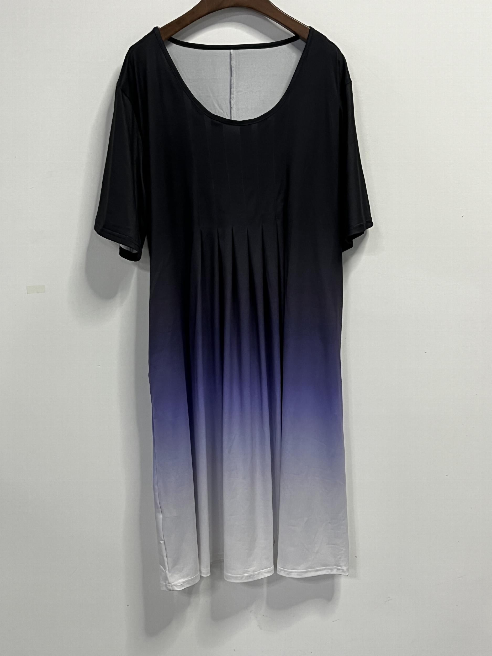 Women's Plus Ombre Print Short Sleeve Round Neck Pleated Dress
