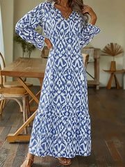 Boho Maxi Dress V Neck Ruffle Trim Pleated