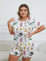 Cartoon Cats & Fish Print Tee & Shorts Pajamas Set