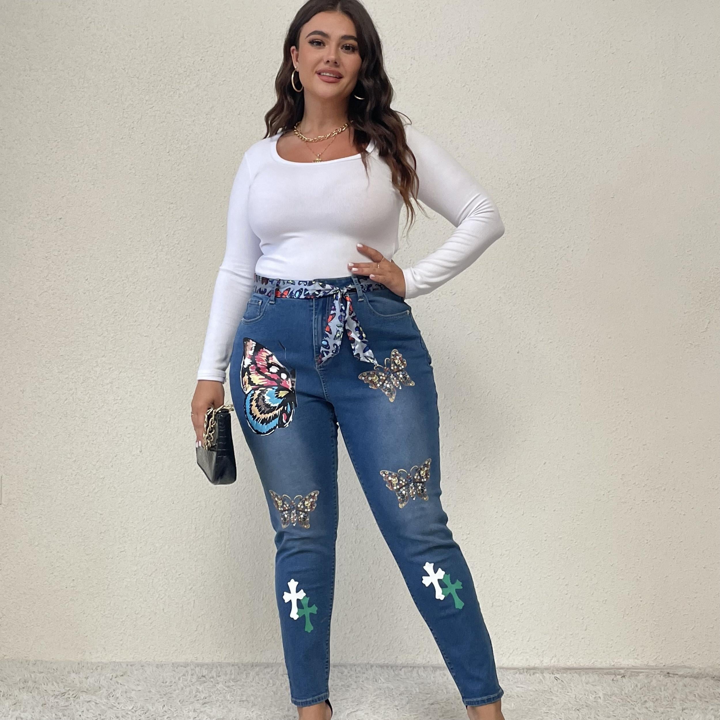 Y2K Jeans Women's Plus Butterfly Print Washed Skinny Jeans