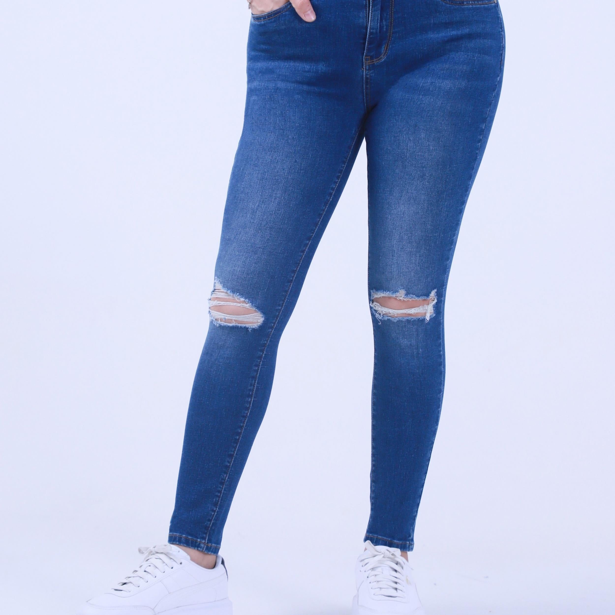 Casual Skinny Jeans Washed Ripped Button Fly High Stretch