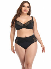 Contrast Lace Solid Lingerie Set Women's Plus Medium Stretch