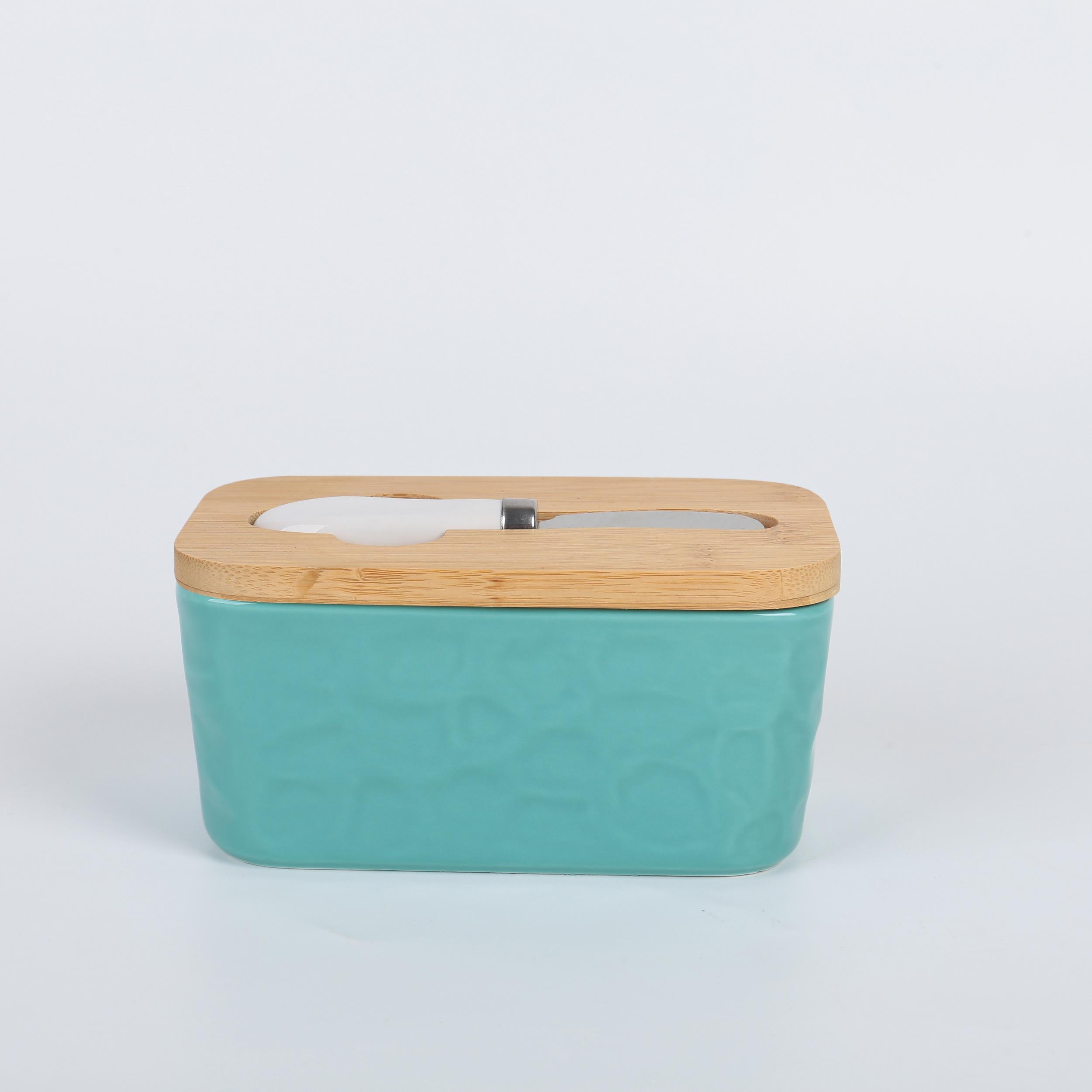 Ceramic Butter Dish with Stainless Steel Saucer and Wooden Lid