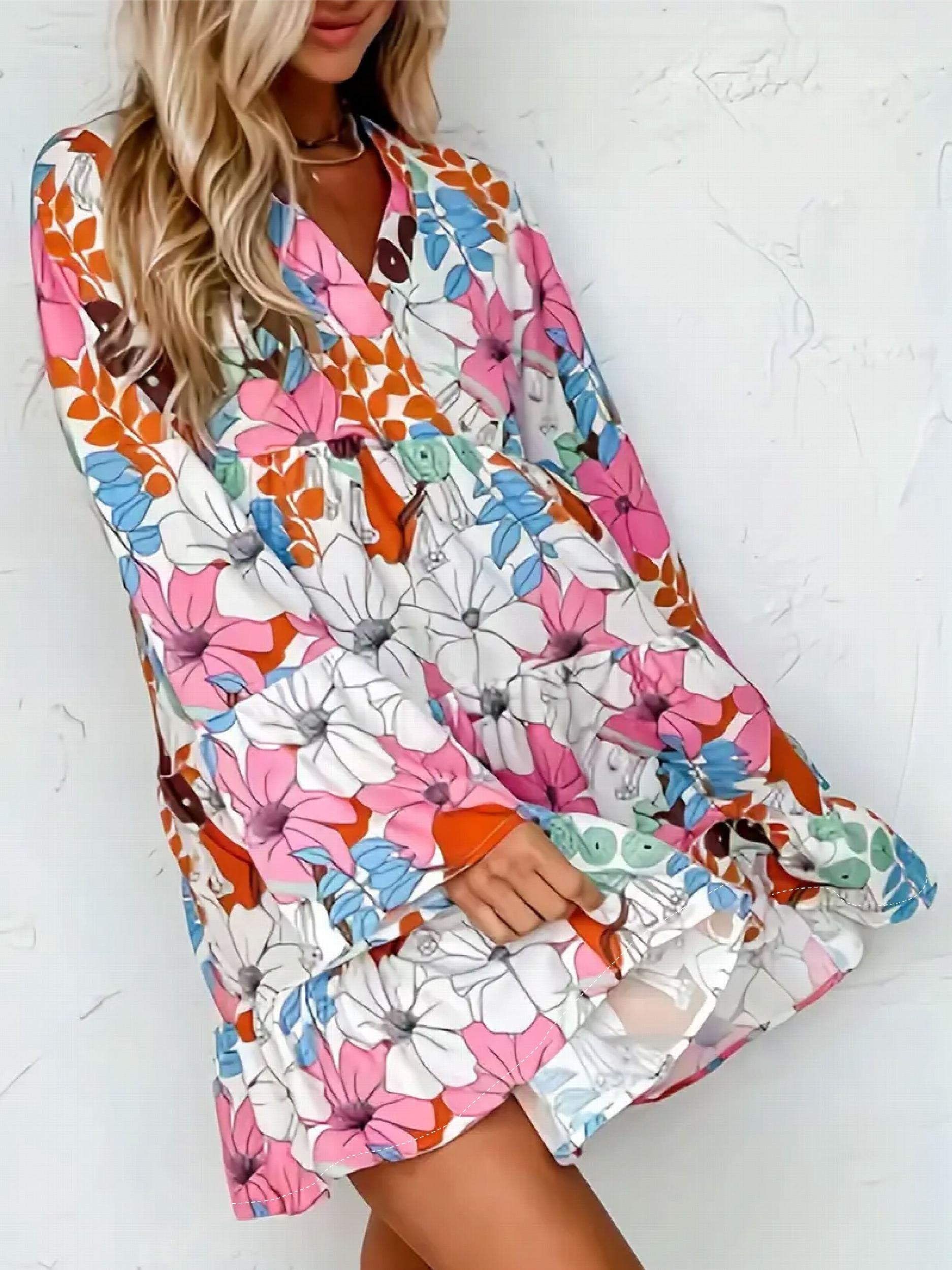 Womens Floral Print Bell Sleeve V Neck Smock Dress