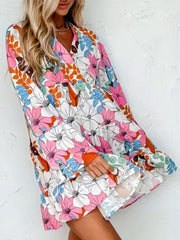 Womens Floral Print Bell Sleeve V Neck Smock Dress
