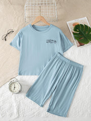 2pcs Boys Teen Letter Graphic T shirt & Shorts Pajama Set