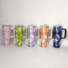 40oz Marble Printed Vacuum Flask Stainless Steel Tumbler w/ Straw & Handle